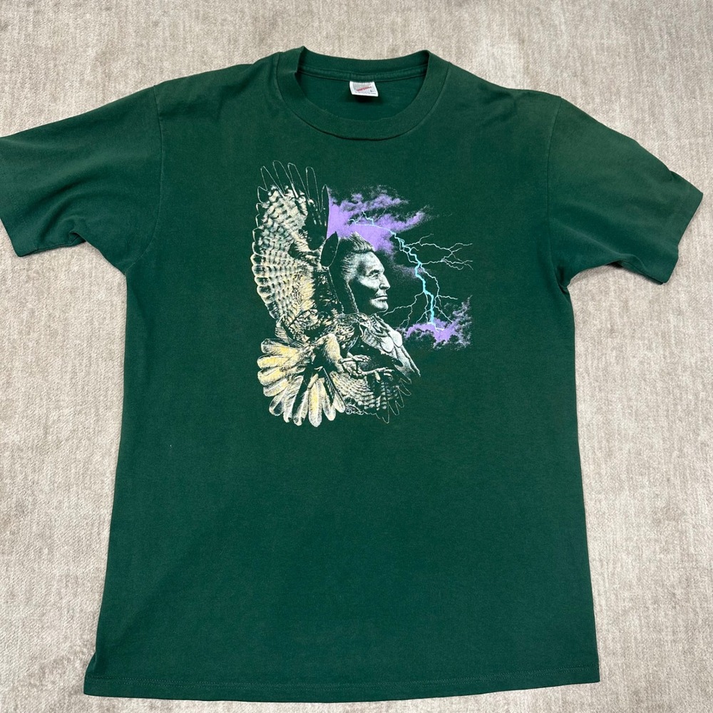 Vintage Jerzees Native American Chief Eagle Lightning T-Shirt Green Large USA